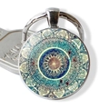 Porte-clés mandala en verre avec motifs géométriques et anneau en alliage argenté - Jy006649-1