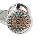 Macro view of a mandala glass pendant keychain with silver metal ring and key - Jy006649-9