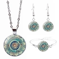 Silver mandala jewelry set with blue geometric patterns including necklace and earrings - Teal Mandala Style (JY006658-1)