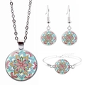 Silver mandala jewelry set including pendant necklace, earrings and cuff bracelet - Multicolored Mandala Style (JY006658-2)