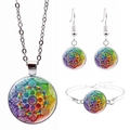 Silver Mandala jewelry set with glass dome necklace, earrings, and bracelet on white background - Bright Geometric Mandala Style (JY006658-3)
