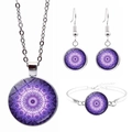 Silver jewelry set with purple mandala glass gems including necklace, bracelet and earrings - Purple Mandala Style (JY006658-4)