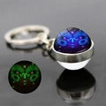 Luminous Aries constellation glass ball keychain with silver metal ring and green glow - Aries