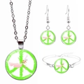 Silver peace sign jewelry set including glass cabochon necklace, earrings and bracelet - Green Blue Peace Sign (JY006974-6)