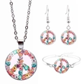 Silbernes Peace-Zeichen Schmuckset mit bunten Blumen-Muster Kette Ohrringen und Armband - Blumen Friedenszeichen (JY006974-2)