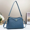 Deep blue striped leather handbag with golden metal hardware and long shoulder strap - Blue