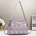Lavender patchwork printed shoulder bag with fan pattern and elegant floral background - L28 W10 H18.5 / Purple