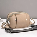 Three-layer beige crossbody bag with textured leather and geometric woven strap - 24x10x16cm / Khaki