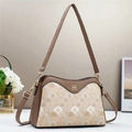 Brown leather crossbody bag with beige shell print and gold four-leaf clover logo - L28 W10 H18.5 / Khaki