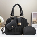 Black 3-piece shell tote bag set with striped fabric detail and golden hardware - Black