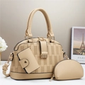 Three-piece beige litchi leather handbag set with woven texture and gold hardware - Khaki