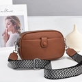 Caramel brown lychee texture PU leather crossbody bag with wide canvas shoulder strap - 21cm x 8cm x 14cm / Earthy Yellow