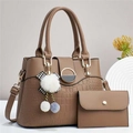 Brown crocodile pattern composite handbag set with golden hardware and fuzzy charm - Khaki
