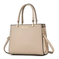 Elegant beige pebbled leather handbag with double handles and gold metal accents - 28x12x22cm / Khaki