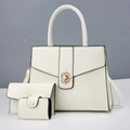 Three-piece women handbag set in cream white with gold floral metal clasp and black trim - 30cm x 13cm x 23cm / White