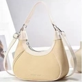 Detail of beige hobo crescent bag with woven texture and premium leather trim accents - Off White
