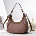 Chic brown crescent moon bag with woven texture and leather trim for stylish women - Coffee