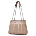 Detail of light brown crossbody bag with wave texture and silver metal hardware - Khaki