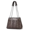 Deep brown striped shoulder bag with silver chain strap and vintage leather texture - Gray