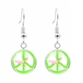 Detail of silver drop earrings with peace sign and dove motif on white background - Green Peace Sign and Dove (JY006964-6)