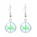 Detail of silver drop earrings with peace sign and green floral glass pendant art - Peace Dove and Vines Sign (JY006964-5)