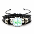 Detailed view of multilayer leather bracelet with peace sign glass dome and metallic beads - Light Blue Peace Dove Pattern (JY006966-5)