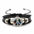 Mehrlagiges geflochtenes Lederarmband mit buntem Blumen-Glas-Cabochon und Silberperlen - Buntes Blumenmuster (JY006966-1)