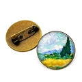 Broche vintage ronde avec peinture Van Gogh Champ de blé avec cyprès et monture bronze - Champ de Blé avec Cyprès (JY006849-11)
