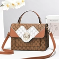 Detail of square handbag with M-pattern leather patchwork and gold metal logo - Earthy Yellow / 22x8x15cm