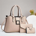 Dreiteiliges beigefarbenes Shopper-Set mit geometrischer Webstruktur und Metallbeschlägen - Hellbeige