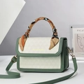 Chic green and beige quilted crossbody bag with silk scarf handle and leather strap - 21.5x14x8cm / Green and White