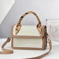 Detail of triangular embossed crossbody bag with scarf-wrapped handle and gold buckles - 21.5x14x8cm / Khaki and White