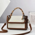 Quilted crossbody bag in beige and brown with scarf-wrapped handle and gold hardware - 21.5x14x8cm / Coffee and White