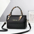 Black leather crossbody bag with triangular texture and silk scarf handle detail - 21.5x14x8cm / Black