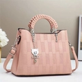 Pink multi-layer tote bag with textured finish, braided handle and silver bear pendant - Pink