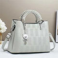 Chic multi-layer leather handbag with woven handle and silver bear charm in light gray - Gray