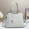 Light gray checkered satchel bag with silver hardware and bear charm, 45-degree angle view - L25 W11 H19 / Gray