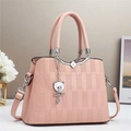 Pink checkered handbag detail with silver bear pendant and decorative clover buckle - L25 W11 H19 / Pink