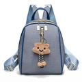 Blue and white twill cartoon backpack with plush bear charm and spacious multi-layered pockets - Dark Blue