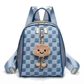 Blue and silver checkerboard backpack with large capacity and cute plush bear charm decoration - Dark Blue