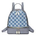 Blue and gray checkered backpack with gold hardware and dual compartments on white background - 24x12x28cm / Dark Blue