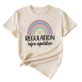 Detail of beige cotton T-shirt featuring rainbow print and Regulation text with a front knot - S / Tops / Sand