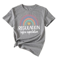 Detail of grey t-shirt showing rainbow print and REGULATION text with front knot - S / Tops / Dark Grey (White Print)