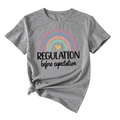 Detail of grey t-shirt showing rainbow print and stylish knotted hem detail - S / Tops / Dark Grey (Black Print)