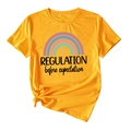 Detail of rainbow graphic and text on mustard yellow t-shirt with knotted hem - S / Tops / Mustard Yellow