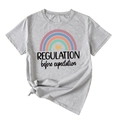 Close-up of rainbow heart print and typography on gray knot-front casual cotton t-shirt - Light Gray