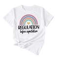 Detail of white cotton T-shirt featuring rainbow print and Regulation before expectation text - White