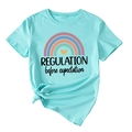 Detail of light blue T-shirt featuring rainbow print and REGULATION before text with knot - Deep Water Blue