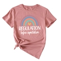 Detail of pink cotton T-shirt with rainbow print and knotted hem for casual styling - Rose Gold