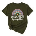 Detail of army green T-shirt featuring rainbow heart print and slogan text with side knot - Army Green (White Text)